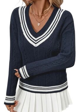 Anna-Kaci Women's V-Neck Cable Knit Sweater with Striped Trim and Ribbed Hem